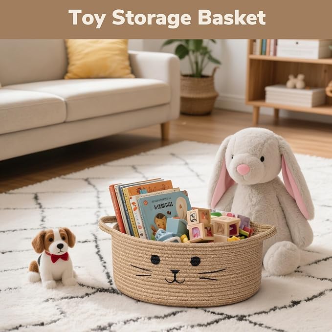 Medium Woven Rope Cat Toy Basket with Cat Face, Jute | 13.8" x 6" Cat Toy Storage Bin for Living Room & Nursery, Pet Gift Basket Empty with Sturdy Handles, Cozy Cats Bed
