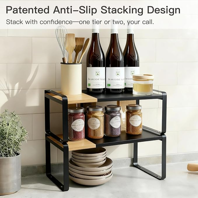 Expandable Bamboo Dish Riser Shelf Riser Stackable Black | Expandable bamboo riser creates cabinet space, while anti-slip legs provide stable support for dishes without wire racks