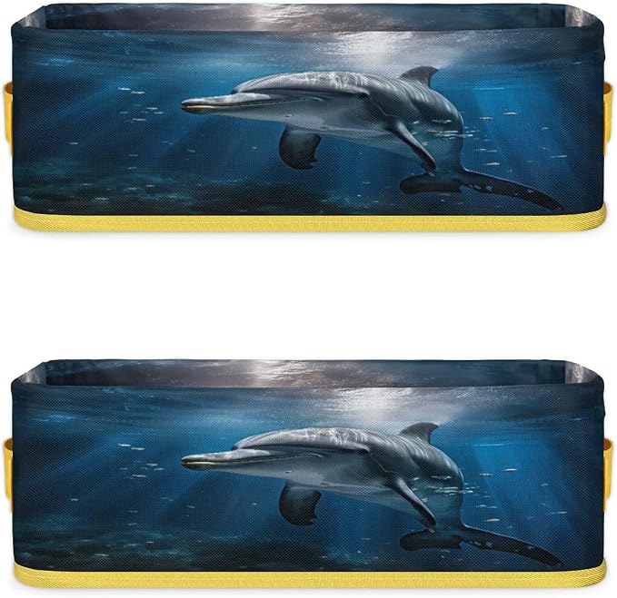 Sunshine Dolphin Undersea Bathroom Storage Basket, Foldable with Handle Open Countertop Paper Towel Decorative Box, Toilet Tank Top Shelf Baskets for Home Closet Bedroom Living Room Office