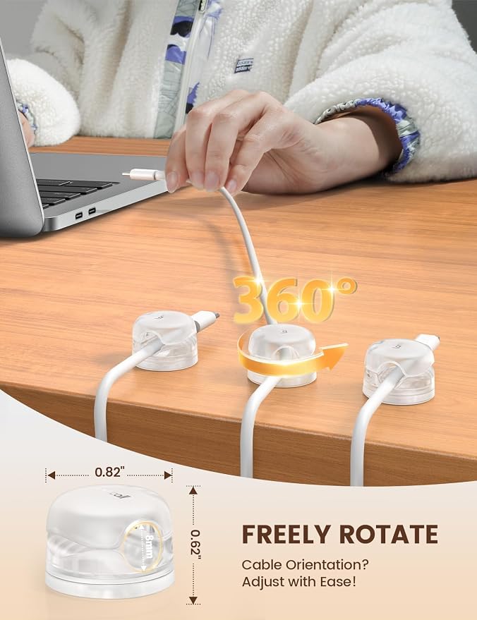 Lamicall 6Pack Clear Rotatable Cord Organizer, [1s Lock] Spring Cable Clips | Phone Charger Cord Holder, Desk Cable Management, Adhesive for Nightstand Office Drom Room, Christmas Decor Accessories