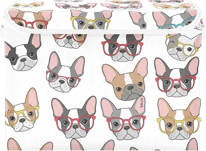 Dog Glasses Pattern Storage Bins with Lids Closet Bedroom 40L Fabric Bin | Decorative Storage Boxes, Foldable & Stackable, Dust-Proof Flip Top, Reinforced Handles, For Home & Dorm, Clothes & Toy Box