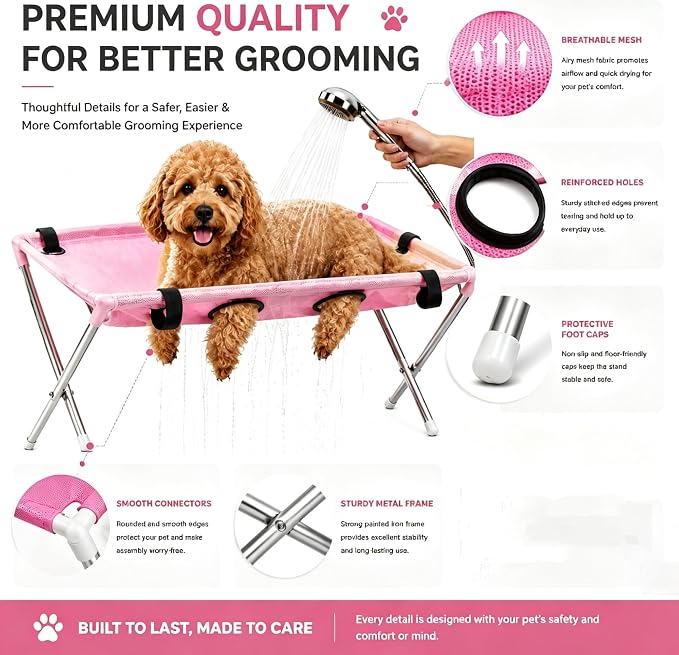 Foldable Pet Bathing Stand Holder Grooming Shower 8-Hole Wash Hammock,Washing Bed for Small Dogs and Cats Washing Picking Ears Nail Clipping,Stainless Steel Grooming Table with Stand，Ordinary-Pink