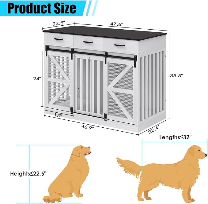 47 Inch Wooden Dog Crate Furniture for 2 Dogs with Removable Divider & Storage Drawers, Double Door Kennel for Medium and Extra Large Dogs, Farmhouse Dog Cage Side End Table for Indoor use, White