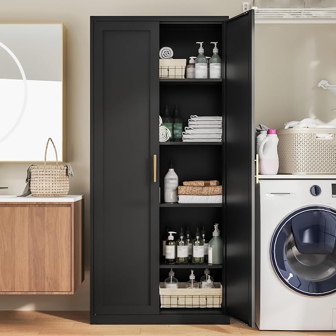 BESFUR Kitchen Pantry Cabinet,71” Metal Tall Pantry Storage Cabinet with Doors and 4 Adjustable Shelves,Kitchen Storage Cabinets Black Freestanding Food Cabinet for Pantries, Kitchen