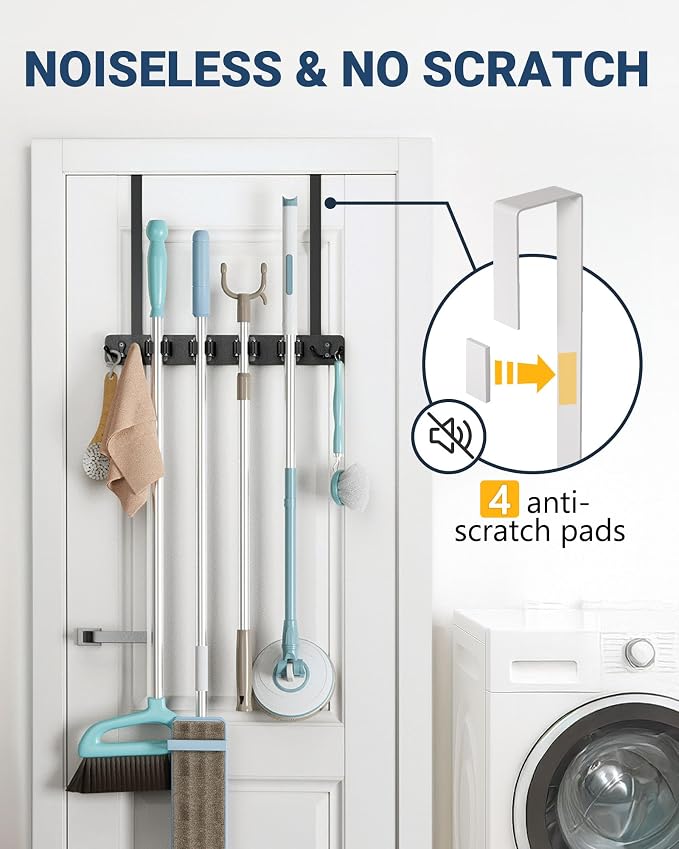 Lorbro Broom Holder Door Mount, Wood Over the Door Broom and Mop Holder | 4 Slots 4 Hooks, No Drill Setup, EVA Protection Pads, Secure Grip, Laundry Garage Closet Kitchen Use, Black