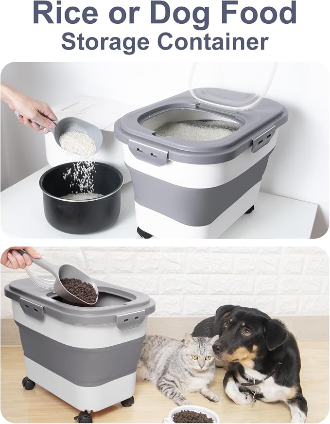 20-30 Lbs Rice Storage Container,Collapsible Food Storage Containers | Flour Storage Container with Wheels Airtight Locking Lid,Rice Container with Cup and Scoop,Suitable for Rice,Pet Food,Flour