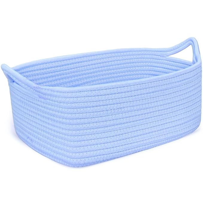 ABenkle Small Storage Basket with Handles, Cotton Rope Woven Dog Cat Toy Bin, Decorative Shelves Closet Organizing for Nursery Laundry Bedroom Bathroom, 14.2''x 11''x 5.1''