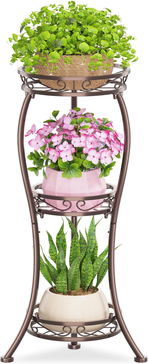 KMOTASUO Metal Plant Stand Tall for Indoor Outdoor Corner, 3 Tier Bronze | Heavy Duty Flower Holder Rack, Modern Vertical Iron Shelf for Patio Bathroom Office Garden