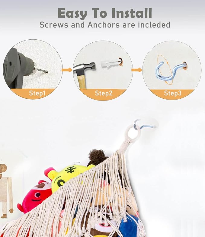 Stuffed Animal Hammock - Extra Large 56'' Long (Cream White) | Premium Cotton Hand-knitted, Beautiful Long Tassel, Storage Hanging Organizer, Can Fit Stuffed Animals 30 Piece or More