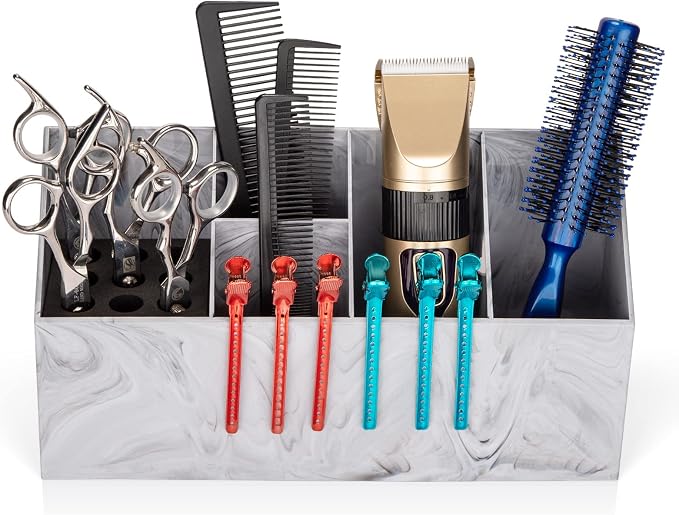 Noverlife Salon Shear Holder, Hair Stylist Shears Rack Neat Desk Organizer | Large Marble Pattern Professional Barber Scissor Holder Pet Grooming Storage Box Container Case for Clippers Combs Clips