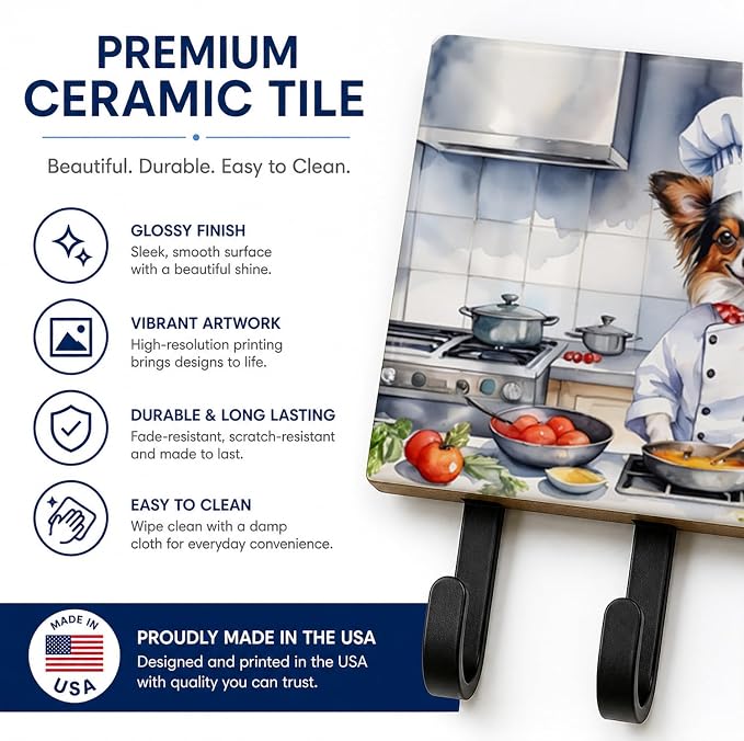 Caroline's Treasures Papillon The Chef Leash or Key Holder Wall Hooks, Key Hooks Holder, Coat Rack Wall Mount, Coat Hooks, Hooks for Hanging Keys, Towels, Aprons, Leashes | Papillon The Chef artwork on ceramic tile with three steel hooks for keys, leas...