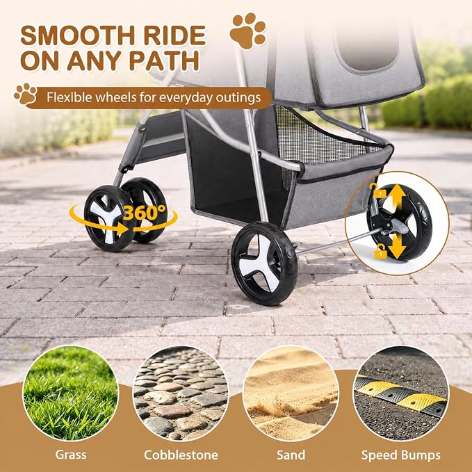Pet Stroller 4 Wheels Dog Cat Stroller for Small Medium Dog Cats Carrier Jogger Travel Foldable Puppy with Storage Basket and Cup Holder (Grey)