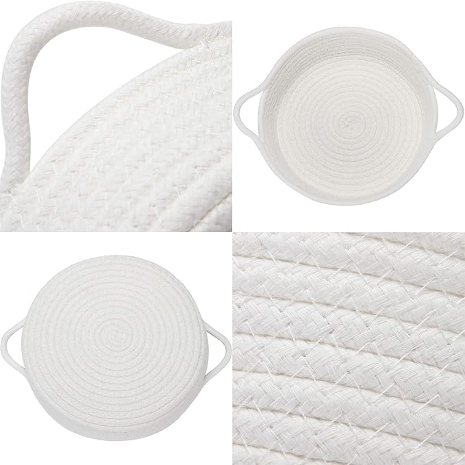 Sea Team 2-Pack Compact Woven Cotton Rope Storage Baskets, White | Knitted Decorative Organizer Bins with Handles, Portable Round Containers for Small Items, Keys, Makeup, Jewelry, Trinkets