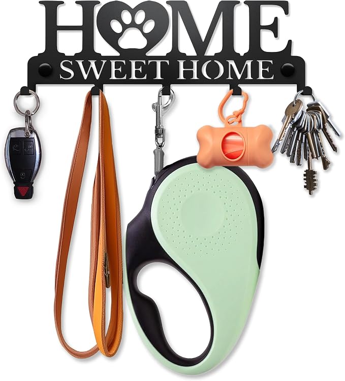 Dog Leash Holder Wall, Dog Leash Hanger Pet Leash Hook Home Sweet Home Design - Unique Metal Key Holder for Wall - Decorative Dog Leash Organizer for Wall, Dog Lovers Gift Idea