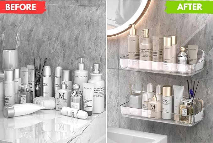 Long Adhesive Wall Organizer Shelf, No-Drill, Clear | BPA-Free PET, Built-In Drain Holes, Detachable, Extended Storage for Shampoo Bottles, Body Wash, Spice Jars