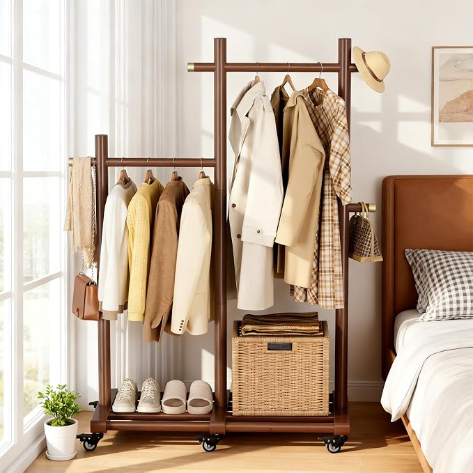 Wooden Clothing Rack, Double Pole Clothes Rack with 4 Hooks & 6 Wheels | Long and Short Clothing Section Design, Load Capacity 360Ib, Garment Rack for Hats, Scarves, Trench Coats, and Shoes