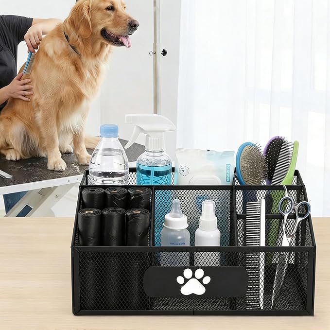 Pet Supplies Organizer Basket, Dog Waste Bag Holder and Grooming Storage Bin for Water Bottles, Nursing Bottles, Cleaning Supplies, Brushes, Combs and Pet Care Accessories