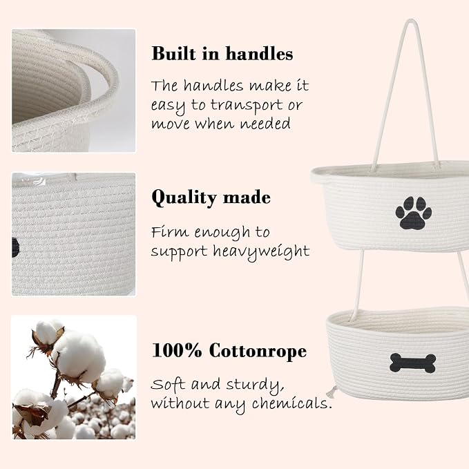 2-Tier Dog Baskets,Over Door Hanging Oganizer for Pet Stuff with Metal Hooks,Cotton Rope Wall-Mounted Storage Organizer for Dog Leash/Harness/Small Toys/Trash bag - Beige