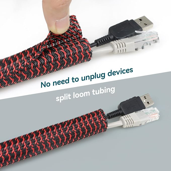 Wire Loom Tubing, 10ft Split Braided Cable Management Sleeve, Flexible Mesh Cord Protector Cable Sleeve for TV Computer (Red and Black, 1/2")