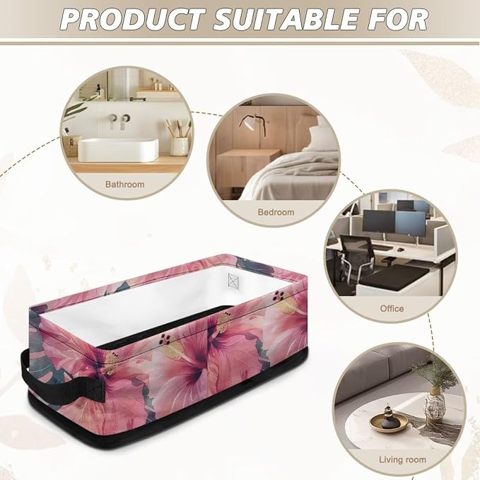 Pink Flowers Toilet Paper Basket for Back of Toilet Tank Top, Decorative Bathroom Storage Basket for Countertop Toilet Tank Topper Baskets Easy to Clean