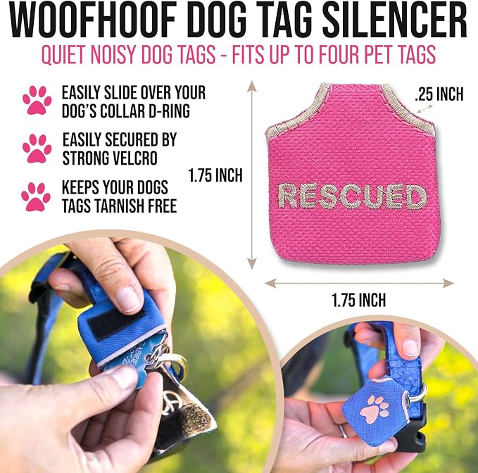 Woofhoof Dog Tag Silencer, Pink Rescued - Quiet Noisy Pet Tags - Fits Up to Four Pet IDs - Dog Tag Cover Protects Metal Pets IDs, Made of Durable Nylon, Universal Fit, Machine Washable