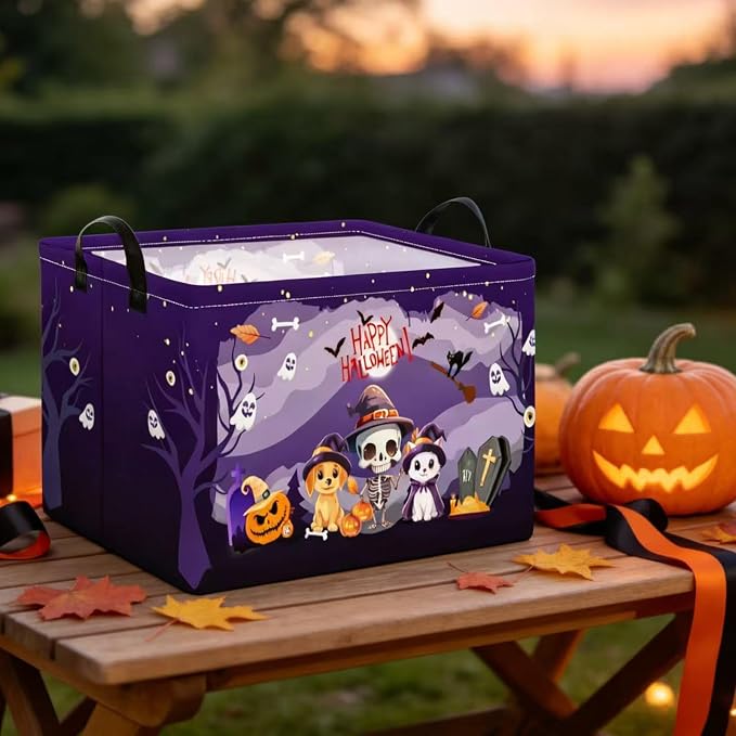 Purple Spooky Night Halloween Basket with Kitten Puppy Ghost Prints,Trick or Treat Storage basket for Gifts and Party Stuffers(Kitten Puppy Skeleton)