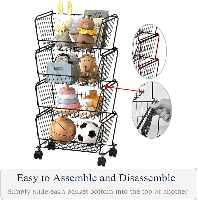 PUSDON 4-Tier Spacious Stackable Wire Storage Baskets with Wheels, Metal Rolling Utility Cart, Produce Basket for Pantry, Bathroom Organizer Shelf, Matte Black