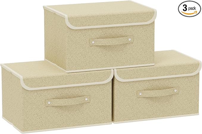 Storage Bins with Handles,Grey and Beige,13x9.1x7.9in,3 Pack | Storage Baskets with PP Board Support,Washable Wardrobe Organisers with Lids,Stackable Organization Bins for Socks,Ties,Scarf