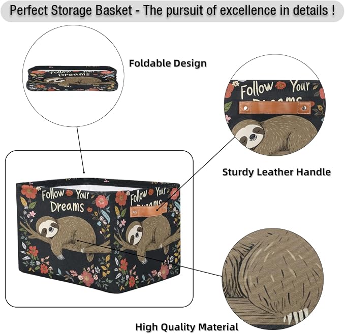SEULIFE Quote Animal Sloth Flower Tree Foldable Storage Basket, Large Collapsible Organizer Storage Bin Cube Toys Storage Boxes with Handles for Bathroom Kids Nursery Closet Storage, 1 Pack