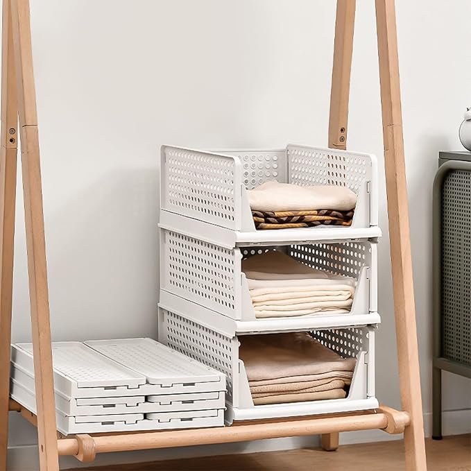 This Foldable Stackable Clothes 3-Tier Drawer Storage Shelf for Bedroom Kitchen Living Room Bathroom Office – White H-18cm Space-Saving Solution.