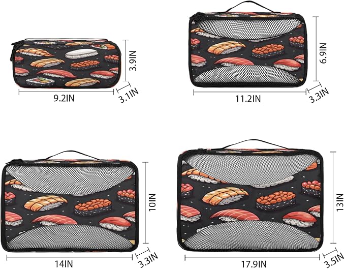 Sushi 4 Set Travel Packing Cubes for Accessories, Suitcase Organizers Luggage Bags Set with Double Zippers & Mesh Top