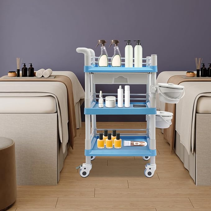 Mobile Salon Storage Cart with Wheel and Drawer, Portable 3-Tier Professional Trolleys, 176 Lbs Load Utility Tool, for Barber Stores, Spas, Homes, Beauty Store, Pet Shops (Blue)