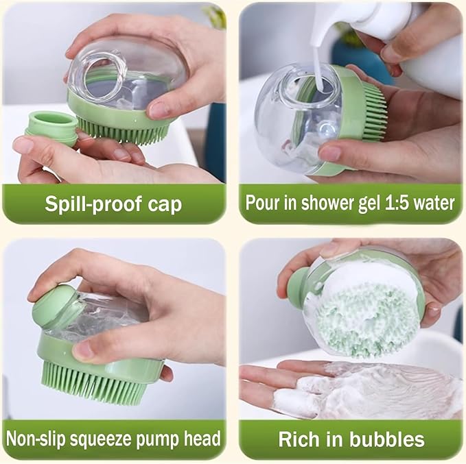 2 Pcs Dog Bath Brush, 2 in 1 Dog Grooming Brush with Built-in Shampoo Dispenser, Pet Grooming Massage Shampoo Bath Brush Soft Silicone Bristle for Long Short Haired Dogs Cats Shower-Green