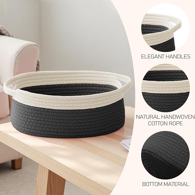 JMvicyroam Small Woven Basket, Empty Gift Basket, White&Black/2 Pack | Small Gift Basket, Cotton Rope, 12 x 8 x 61 in, Handles, Includes Ribbon and Bag, Birthday Gift Basket