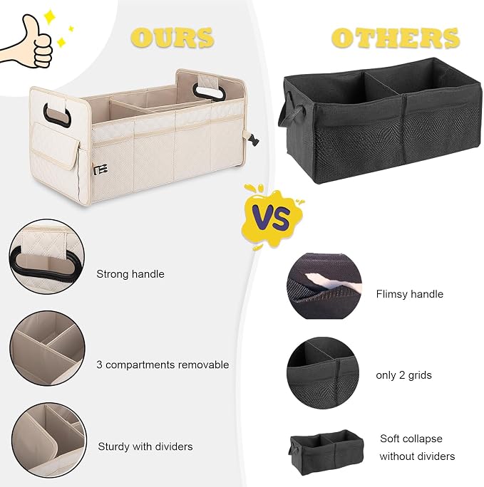 Car Trunk Organizer for SUV, Collapsible Car Storage Organizer Large Beige | Sturdy, Strong Capacity, Diamond Decor, Multi Compartment Container Box Adjustable Car Accessories for Sedan Truck