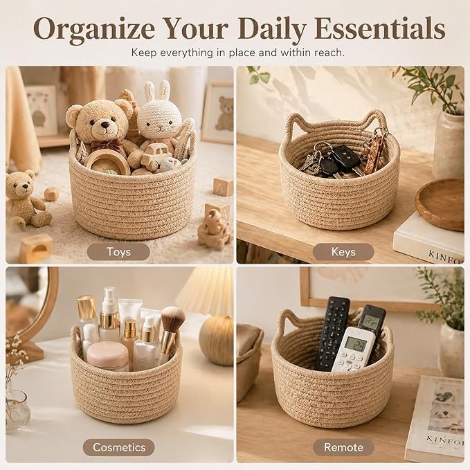 Small Woven Baskets | Mini Storage Bins | Cotton Rope Baby Nursery Organizers | Cute Round Cat Ears Basket for Organizing Desk Decor Kids Toy Dog Cat Baby Girls Gifts-Set of 3(Beige)