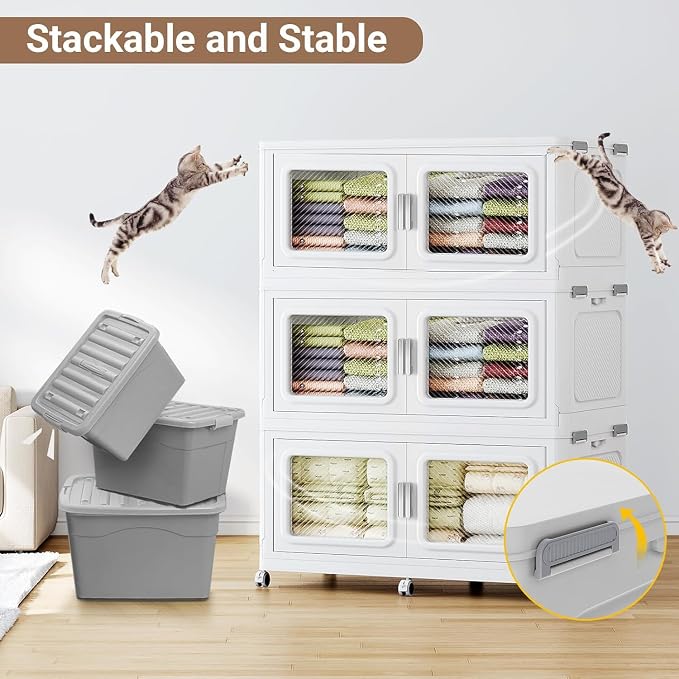 BROVIEW 220 Qt Extra Large Stackable Storage Bin with Lid, 1 Pack White | 55Gal Extra Large, Collapsible Storage Boxes with 1 Lid, Folding & Rolling Plastic Drawer, Heavy-Duty Cabinet Organization