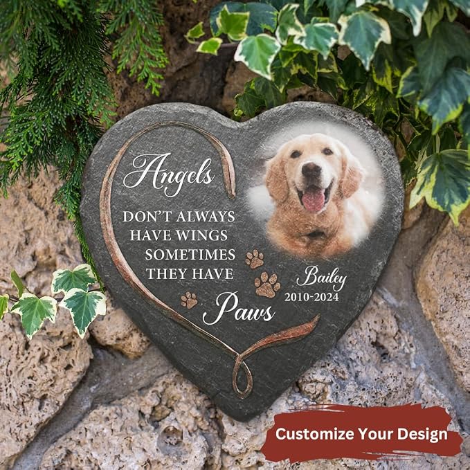 Wrappiness Pet Memorial Stone - Angels Sometimes Have Paws, Personalized Dog Memorial Gifts, Remembrance Condolences Bereavement Gifts for Loss of Pet Custom Photo (Heart 02, Stone)