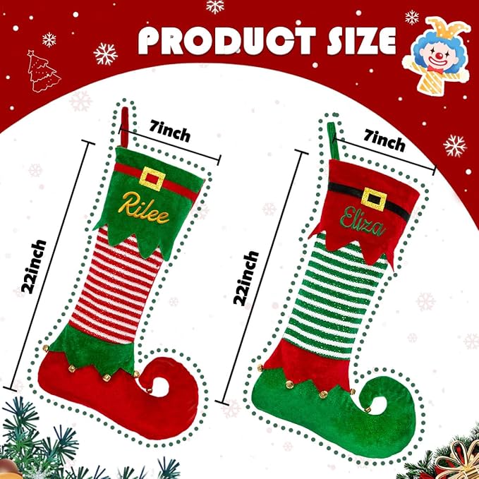 Personalized Christmas Stocking, Custom Christmas Stockings with Embroidery Name, 22" Large Elf Xmas Stocking for Kids, Fireplace Party Holiday Decoration(3 Pcs)