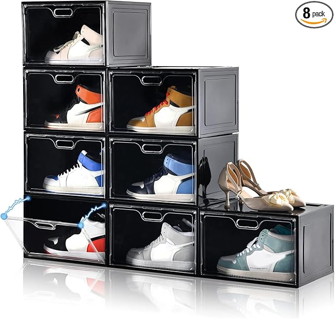 8 Pack Drop Side Shoe Boxes, Large Stackable Shoe Storage, Thick Plastic | Sneaker Storage with Magnetic Door, Shoe Organizer for Closet, Sturdy Shoe Containers, Sneaker display Case Fit up to Size 13