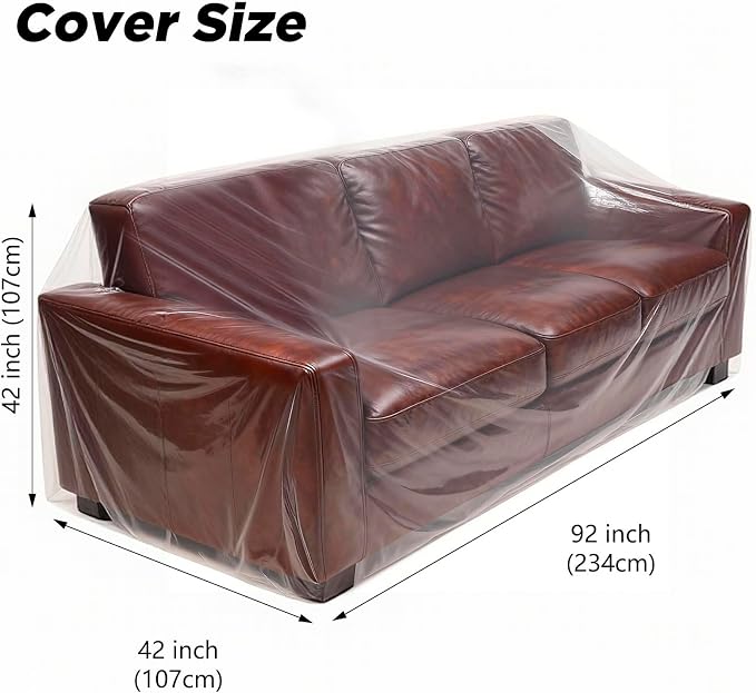 2 Pack Plastic Couch Cover Furniture Cover with Elastic Band, Clear Sofa Cover Protector for Moving and Storage, Waterproof & Dustproof Moving Bags for Couch Slipcover 92W x 42D x 42H Inches