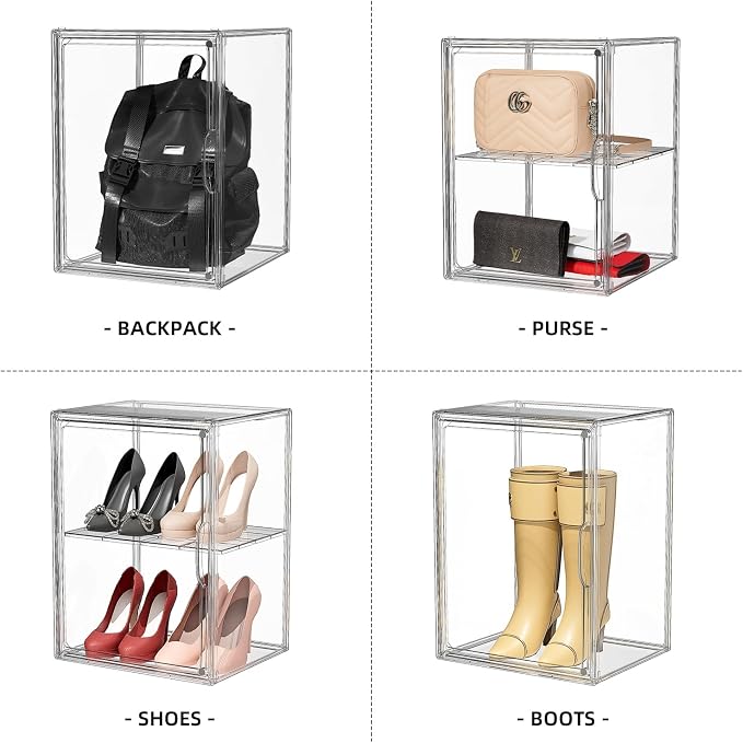 HOYOJA Clear Acrylic Display Case, Super Large Stackable Storage Bins Magnetic Attraction Lids, 3 Pack Acrylic Box with Divider for Collectibles, Figures, Purse, Handbag, Wallet, 11.4x9.84x15.4 inch