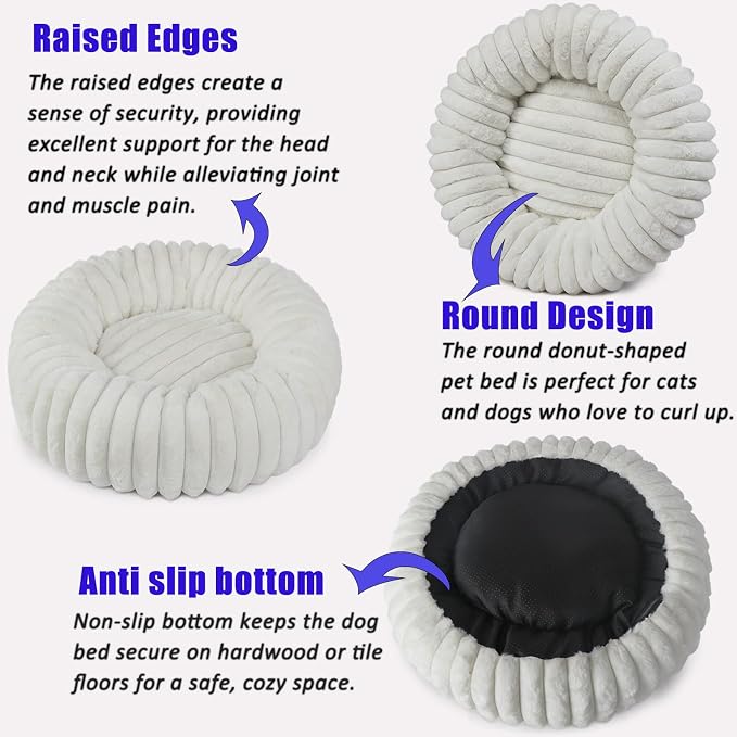 Donut Small Dog Bed Washable - Dog Beds for Small Dogs and Cats with Corduroy Fleece & Anti Slip Bottom, Calming Round Faux Fur Cute Pet Bed for Puppy Kitten, Cream, 23x23x5.5 inches