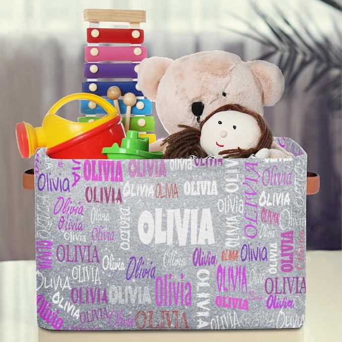Personalized Storage Basket with Handles, Silver Glitters Print | Organizing Boys Girls Pets Toys Closet Shelf Clothes Books