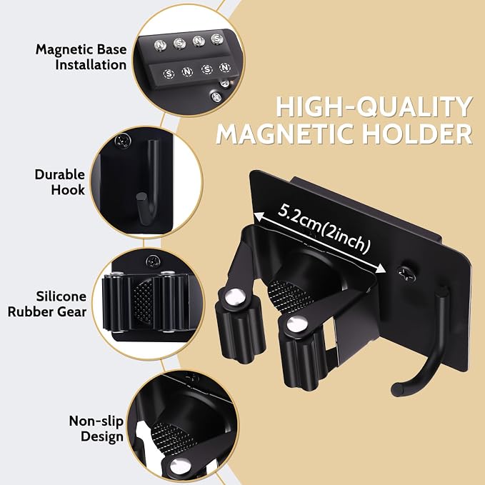 4pcs Magnetic Broom Holder Wall Mount, Black | 12.13lbs Heavy Duty, Mop and Broom Organizer, No Drill Tool Gripper, For Garage Home Office RV & Living Room