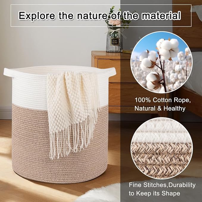OIAHOMY 80L Laundry Basket Laundry Hamper Nursery Hamper Brown&White | Tall Dirty Clothes Hamper with Handle,Blanket Basket,Decorative Basket for Living Room,Storage Basket,Toy Storage