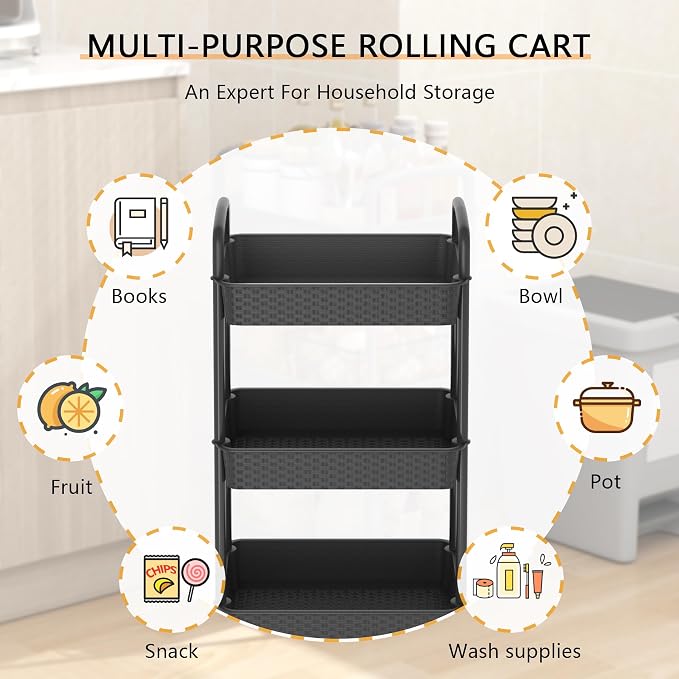 MOYIPIN 3-Tier Plastic Rolling Utility Cart with Handle,Black | Utility Storage Cart for Office, Living Room, Kitchen,Movable Storage Organizer，Easy installation，Rattan-like art design