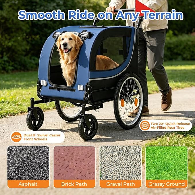 2 in 1 Dog Bike Trailer and Pet Stroller, 100 lbs Capacity Large Dog Bicycle Carrier with Steel Frame and 20" Air Tires & 8" Swivel Front Wheels, Foldable Pet Wagon Cart for Dogs Cats Outdoor Travel