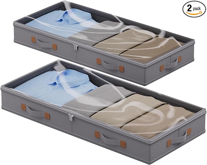 FHSQX Under Bed Storage Container 2Pack 3 Inches Low Profile Under-bed Organizer Bins Slim Under Couch Storage Box Ideal For Seasonal Clothes Blankets Towel Fabric (2, Drak Grey, 31.5 * 17 * 3in)