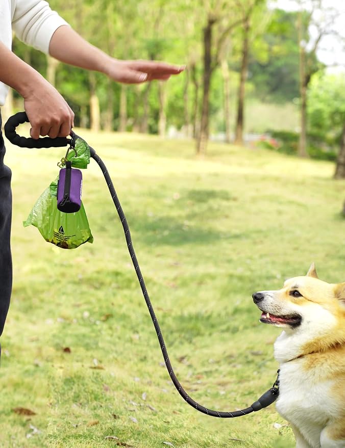 Gobeigo Dog Poop Bag Holder with Used Waste Bag Carrier(Purple) | Large Opening for Easy Dispensing, Carabiner & Hook-and-Loop Strap Fits Any Leash, Includes 15 Unscented Waste Bags